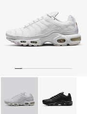 White sneaker shown in a large side view, with smaller white and black colorway views below.