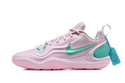 Side profile of a pink Nike sneaker with a mint-green Swoosh, heel panel, and translucent pink sole.