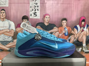 Side view of a blue Nike basketball sneaker showing the Swoosh, circular side emblem, layered upper, and sculpted outsole.