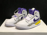 Pair of white, purple, yellow, and grey high-top sneakers shown from a front three-quarter angle with perforated toe boxes and midfoot straps.
