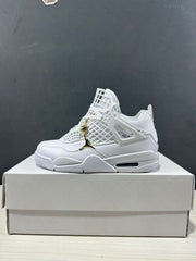 Side profile of a white Jordan Air Jordan 4 Net sneaker with a structured upper, lace cage, side support, and visible heel cushioning unit.