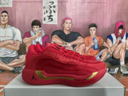 Side profile of a red Jordan basketball sneaker with a gold accent strip and visible Cushlon marking.