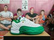 Side profile of a white and green Jordan sneaker showing the textured green forefoot overlay, white upper, green outsole, and gold-tone side detail.