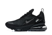 Side view of black Nike Air Max 270 Premium sneakers with silver-tone Swoosh and visible heel air unit.