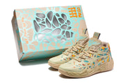Sneakers displayed beside a matching graphic box, showing the beige and turquoise color scheme.