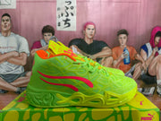 Side profile of a neon yellow-green basketball shoe with orange details and a sculpted sole.