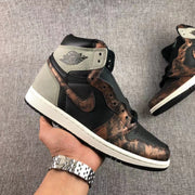 Handheld side view showing the high-top profile, mixed-color panels, white midsole, and black outsole.