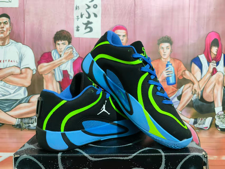 Pair of black Jordan basketball shoes with blue laces, blue accents, and volt-green trim, shown from the side.