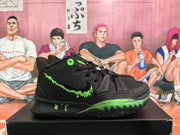 Side view of a black basketball sneaker with a bright green swoosh detail, green midsole accents, and textured outsole.