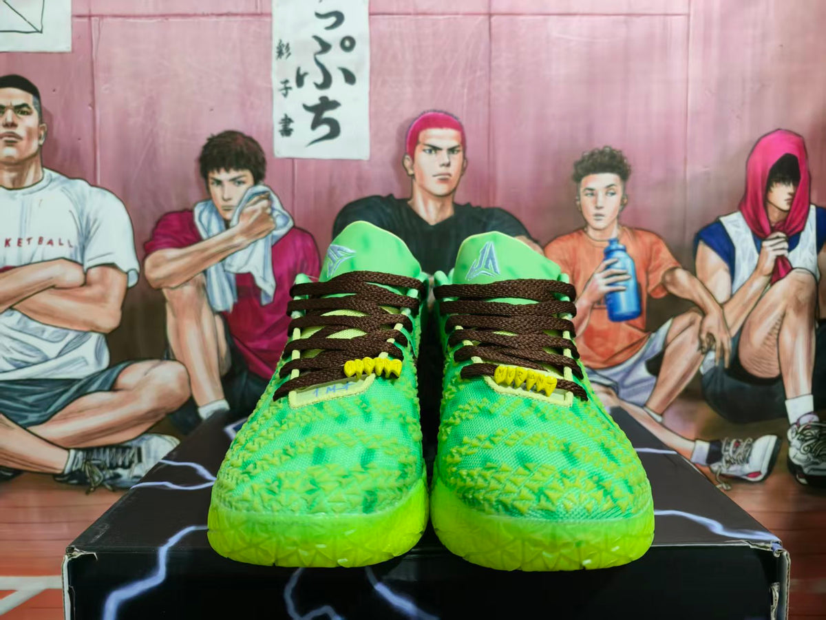 Front view of bright green Nike sneakers with dark brown laces, yellow detailing, and textured uppers.