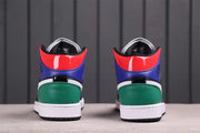 Rear view showing red and blue collar panels, green heel panels, white midsoles, and black outsoles.