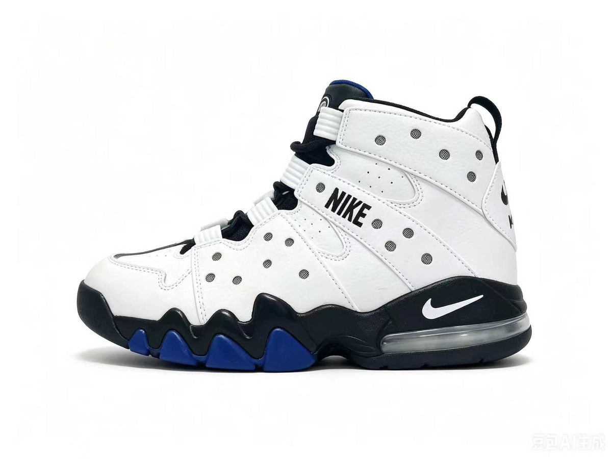White, black and blue Nike high-top basketball sneaker with perforated panels, layered side straps and a sculpted sole