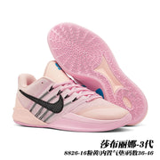 Pale pink Sabrina 3 basketball shoes with black Swoosh and pink patterned outsole; caption gives style code 8826-16 and sizes 36–46.