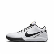 White and black Kobe 4 basketball sneaker with a checkered heel accent.