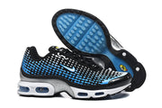 Nike Air Max Plus VII sneaker shown beside its blue-patterned outsole.