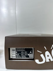 Close-up of the box label showing Jumpman Jack TR, Off White/Black-University Red, style code FZ8117 101, and sample sizes.