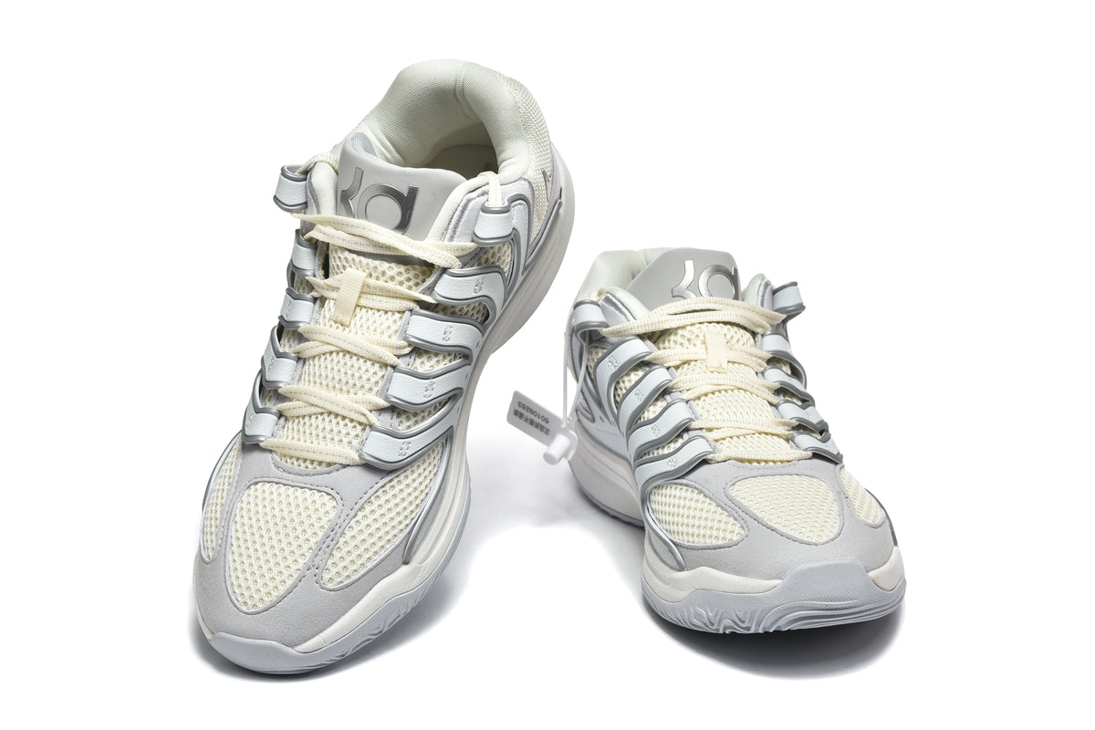 Pair of gray and white Nike KD sneakers shown from a front three-quarter angle.