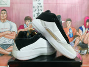 Jordan Luka 1 shoes shown from the side and heel, with speckled heel detailing.