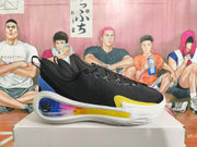 Side view showing the blue-to-orange gradient detail, white sole and yellow accent.