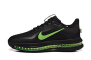 Side view of a black Nike Pegasus Premium shoe with a green Swoosh and translucent green midsole detail