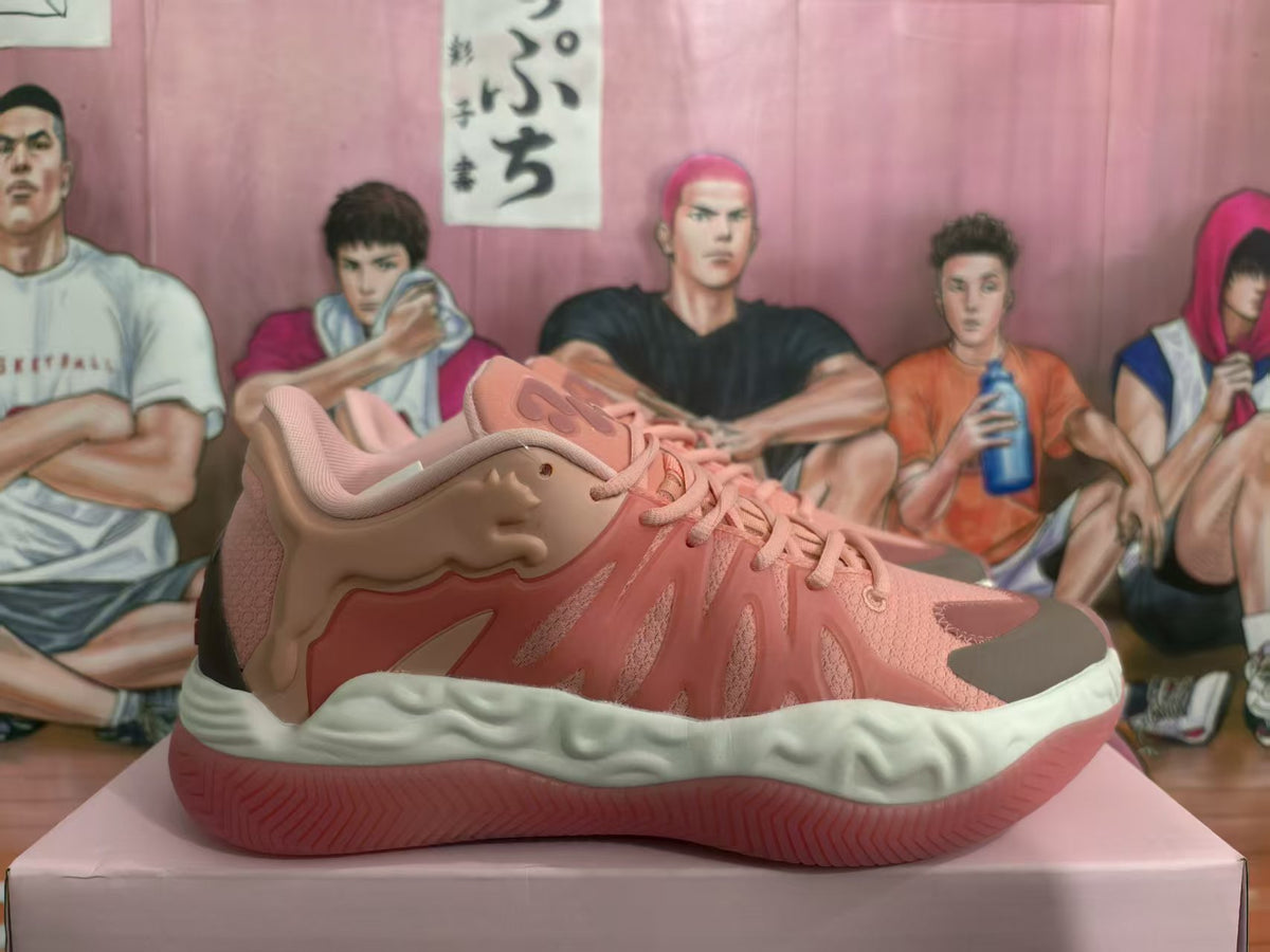 Side view of a magenta low-top sneaker with layered panels, contrasting toe detail, and a white sculpted midsole.