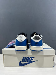 Rear view showing blue heel panels, white heel tabs, and contrasting heel graphics.