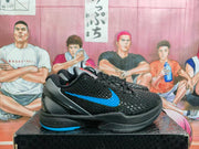 Black and blue Nike basketball sneakers displayed on a box, showing the textured upper, blue side accents, and Nike Zoom marking.