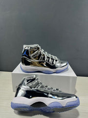 Side and underside views highlighting the reflective upper, white midsole, and translucent blue outsole.
