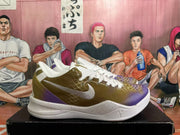 Side view of a low-top basketball shoe with white side logo and purple and gold gradient upper