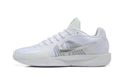 Side profile of a white Nike basketball shoe with a silver-tone Swoosh.