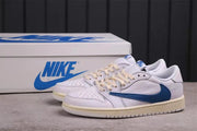 Pair of white and blue low-top sneakers displayed with a branded shoe box.