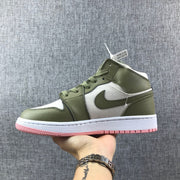 Side profile of the sneaker showing the olive overlays, white upper section, and pink outsole.