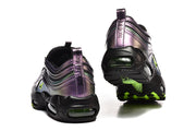 Rear and outsole views of Nike Air Max 97 sneakers with “Ducks of a Feather” lettering on the heel pull tabs.