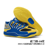 Blue and yellow basketball sneakers with a yellow outsole; image text identifies Durant 18, style 8805-5, sizes 40-46.
