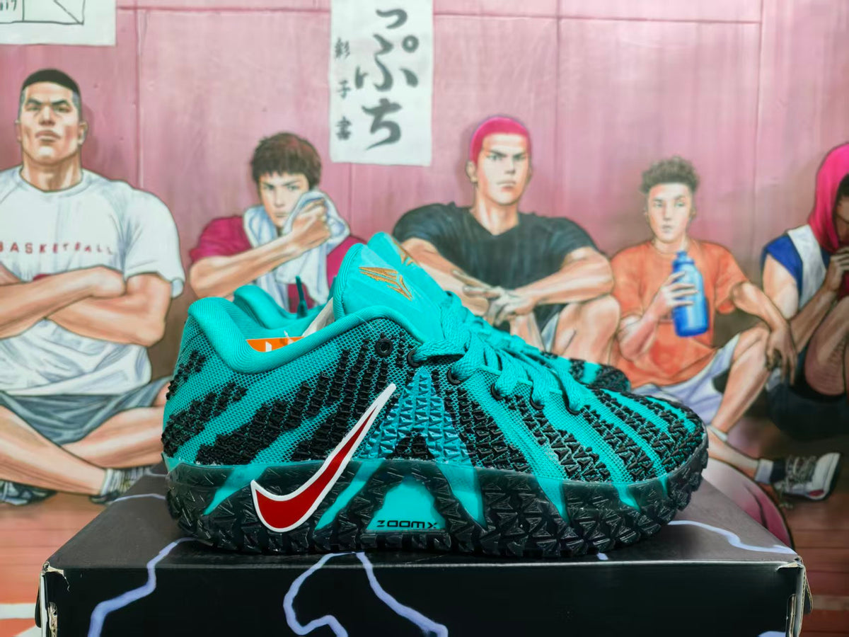 Green Nike sneakers with black textured detailing and red-and-white Swoosh branding displayed on a box.
