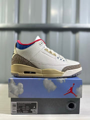 Side view of the sneaker above its shoebox; the visible box label identifies Air Jordan 3 Retro OG SP, style IB1482 100, and sample sizes US 7, US 8.5, EU 40, and EU 42.5.