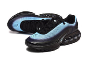 Top and angled views of black and blue lace-up sneakers
