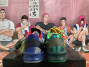 Rear view of mismatched Nike basketball sneakers, showing a blue and red shoe beside a green and dark gray shoe.