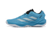 Side profile of a blue Adidas Adizero shoe with black heel lettering and light-colored stripes