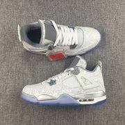 Top and side view of the Jordan Air Jordan 4 pair, showing the patterned upper, mesh panels, and red hangtag.