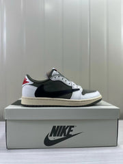 Side profile of the low-top sneaker with dark olive and white panels and a black Swoosh.