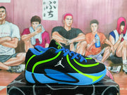 Side profile of a black Jordan basketball shoe with blue and volt-green accents.