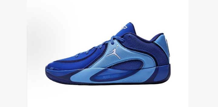 Blue Jordan basketball sneaker with layered panels, a visible Jumpman logo, padded collar, and sculpted outsole.