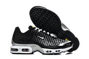 Nike Air Max Plus VII sneaker pair shown from the side and outsole, with black, white, and silver-tone details.