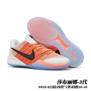 White and orange Sabrina 3 basketball shoes with black Swoosh and translucent outsole; caption gives style code 8826-8 and sizes 36–46.