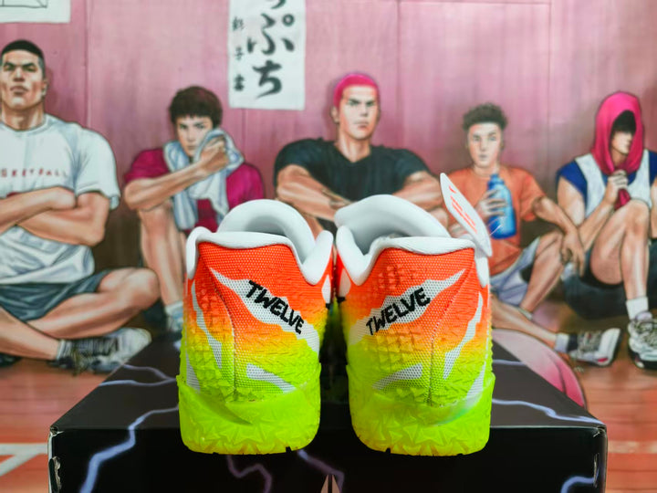 Rear view of orange and neon green Nike sneakers with white collars and black heel lettering.