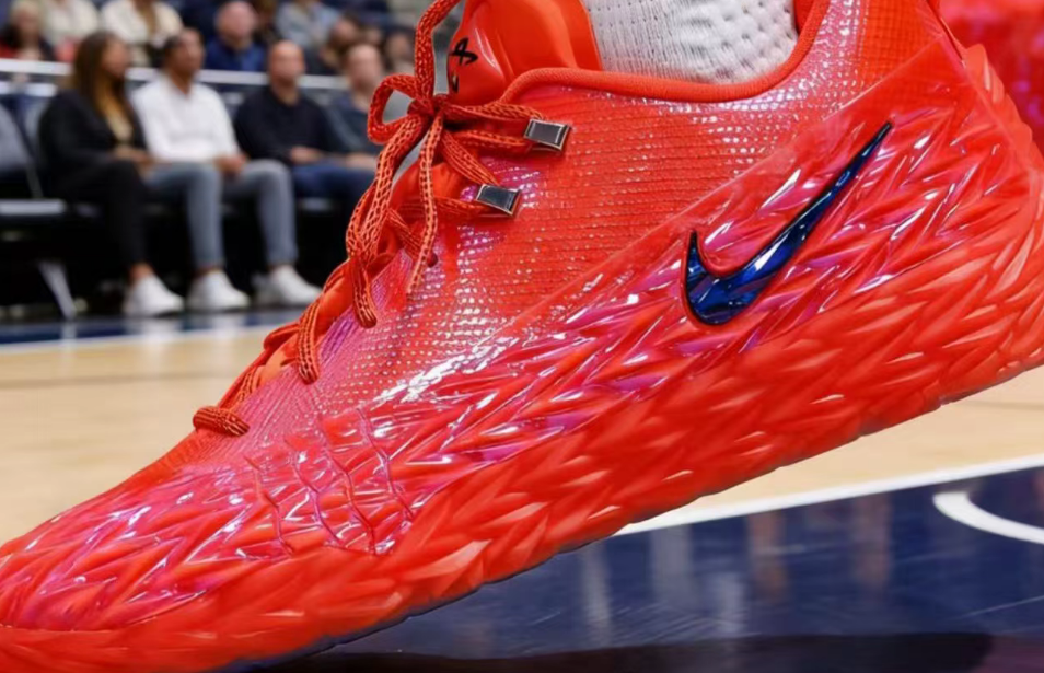 Close-up of a red Nike basketball shoe with a blue-and-black Swoosh, red laces, textured upper, and sculpted-looking sole.