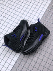 Pair of black and purple high-top sneakers displayed on a grid surface.