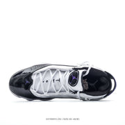 Top view showing the white lacing system, black collar lining and purple-accented outsole edge.