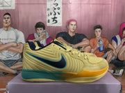 Side profile of a yellow basketball sneaker with a dark navy and teal Swoosh, green heel section, and orange forefoot accent.